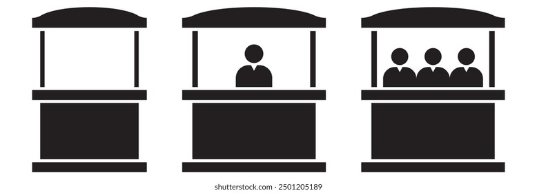 Sales booth icon set with exhibitor. Sales booth or stand icon set on white background.