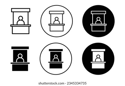 Sales booth icon set. show event ticket window counter vector symbol in black filled and outlined style. information window sign. promo stall icons