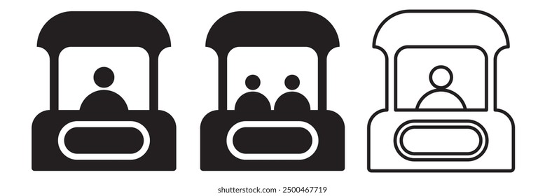 Symbolsatz für Verkaufsstände. Zeige ein Vektorsymbol für den Zähler des Ereignisticketfensters in schwarz ausgefülltem und umrissenem Stil an. Informationsfensterzeichen. Promo-Stall-Symbole einzeln auf weißem Hintergrund.