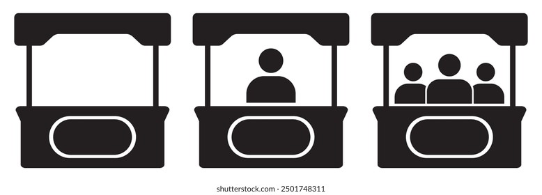 Sales booth icon. Sales booth icon or stand set in black. Sales booth icon with exhibitor.