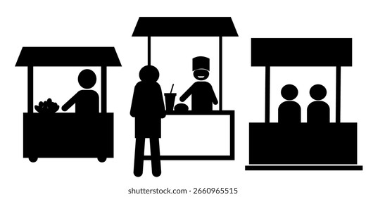 Sales booth icon or stand set in black. Icon both exhibition sales.