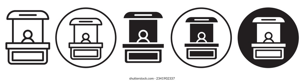 Sales booth symbol Icon. Web app ui sign logo of promotional street store vendor in market. Vector set collection of seller event promo kiosk display counter stall. Flat outline reception banner table