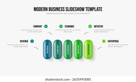 Sales Briefing Five Element Diagram Presentation Template. Modern Strategy Slideshow Design Vector Illustration. Product Review 5 Option Infographic Frame Layout.