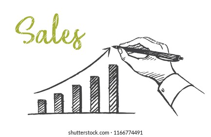 Sales, business concept sketch. Man's hand with a pen drawing sales schedule. Vector hand drawn illustration.