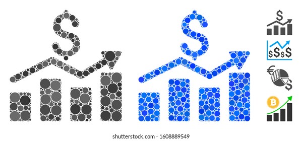 Sales chart composition of filled circles in various sizes and color tones, based on sales chart icon. Vector round dots are combined into blue composition.