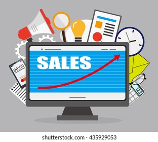 Sales Chart Displayed On Monitor With Business Elements And Icon