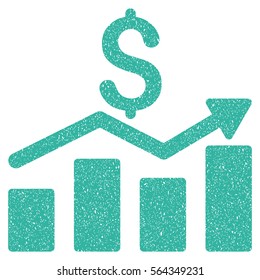 Sales Chart grainy textured icon for overlay watermark stamps. Flat symbol with dust texture. Dotted vector cyan ink rubber seal stamp with grunge design on a white background.