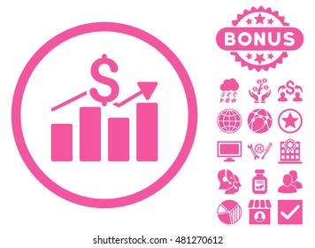 Sales Chart icon with bonus. Vector illustration style is flat iconic symbols, pink color, white background.