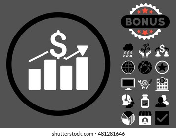 Sales Chart icon with bonus. Vector illustration style is flat iconic bicolor symbols, black and white colors, gray background.