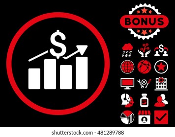 Sales Chart icon with bonus. Vector illustration style is flat iconic bicolor symbols, red and white colors, black background.