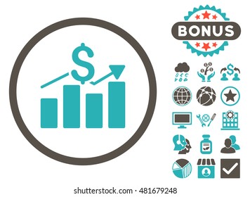 Sales Chart icon with bonus. Vector illustration style is flat iconic bicolor symbols, grey and cyan colors, white background.