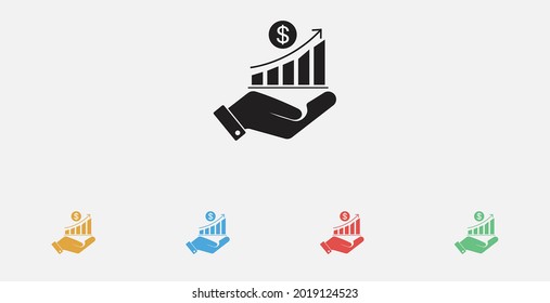 Sales Chart icon. Profit, progress icon. Japanese Yen or Chinese Yuan vector icon. Increasing revenue icon. Hand and Dollar rate increase graphic sign. Set of colorful flat design icons