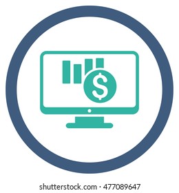 Sales Chart Monitoring vector bicolor rounded icon. Image style is a flat icon symbol inside a circle, cobalt and cyan colors, white background.