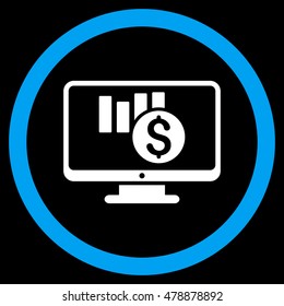 Sales Chart Monitoring vector bicolor rounded icon. Image style is a flat icon symbol inside a circle, blue and white colors, black background.
