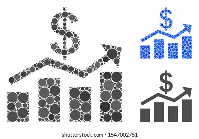 Sales chart mosaic of filled circles in variable sizes and color hues, based on sales chart icon. Vector filled circles are composed into blue composition.