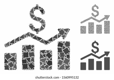 Sales chart mosaic of humpy pieces in various sizes and color hues, based on sales chart icon. Vector irregular elements are combined into collage. Sales chart icons collage with dotted pattern.