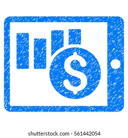 Sales Chart On PDA grainy textured icon for overlay watermark stamps. Flat symbol with dust texture. Dotted vector blue ink rubber seal stamp with grunge design on a white background.