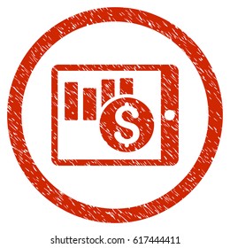 Sales Chart On PDA grainy textured icon inside circle for overlay watermark stamps. Flat symbol with scratched texture. Circled vector red rubber seal stamp with grunge design.
