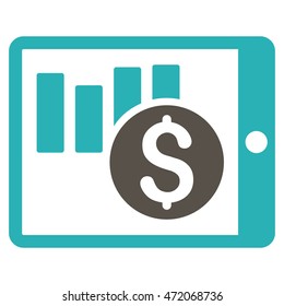 Sales Chart on Pda icon. Vector style is bicolor flat iconic symbol with rounded angles, grey and cyan colors, white background.