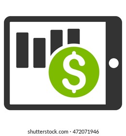 Sales Chart on Pda icon. Vector style is bicolor flat iconic symbol with rounded angles, eco green and gray colors, white background.