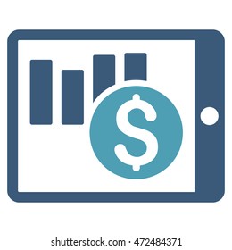 Sales Chart on Pda icon. Vector style is bicolor flat iconic symbol with rounded angles, cyan and blue colors, white background.