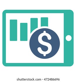 Sales Chart on Pda icon. Vector style is bicolor flat iconic symbol with rounded angles, cobalt and cyan colors, white background.