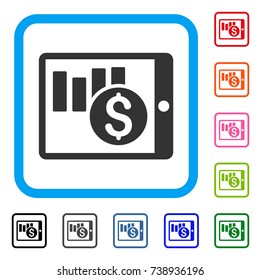 Sales Chart On PDA icon. Flat grey iconic symbol in a light blue rounded rectangular frame. Black, gray, green, blue, red, orange color additional versions of Sales Chart On PDA vector.