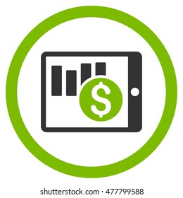 Sales Chart on Pda rounded icon. Vector illustration style is flat iconic bicolor symbol, eco green and gray colors, white background.