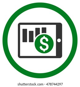 Sales Chart on Pda rounded icon. Vector illustration style is flat iconic bicolor symbol, green and gray colors, white background.