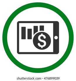 Sales Chart on Pda vector bicolor rounded icon. Image style is a flat icon symbol inside a circle, green and gray colors, white background.