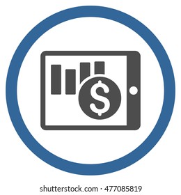 Sales Chart on Pda vector bicolor rounded icon. Image style is a flat icon symbol inside a circle, cobalt and gray colors, white background.
