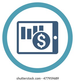 Sales Chart on Pda vector bicolor rounded icon. Image style is a flat icon symbol inside a circle, cyan and blue colors, white background.