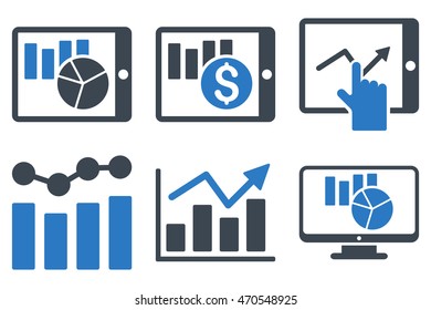Sales Charts vector icons. Icon style is bicolor smooth blue flat symbols with rounded angles on a white background.