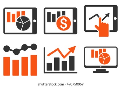 Sales Charts vector icons. Pictogram style is bicolor orange and gray flat icons with rounded angles on a white background.