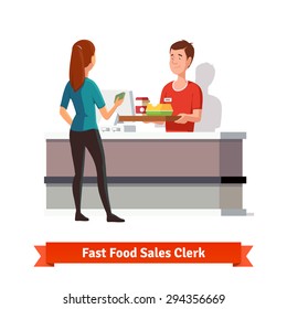 Sales Clerk At Fast Food Restaurant Handing A Tray With Packed Burger An Coffee To A Woman Customer With Cash In Hand. Flat Vector Icon Isolated On White Background.