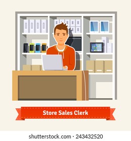 Sales clerk working with customers at the technology store or department. Young boy shop assistant. Flat style illustration. 