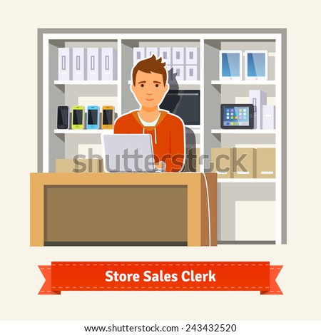 Sales clerk working with customers at the technology store or department. Young boy shop assistant. Flat style illustration. 