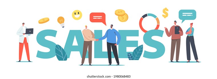 Concepto de ventas. Empresarios Personajes masculinos y femeninos que dan la mano, discuten temas de trabajo, trabajan en carteles, pancartas o volantes sobre desarrollo de estrategia de marketing. Ilustración de vectores de personas de caricatura