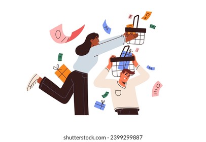 Sales concept. Consumers catch discounts, collect gifts in basket. Shopaholic customers add purchases in cart on Black Friday. Online shopping, marketing. Flat isolated vector illustration on white