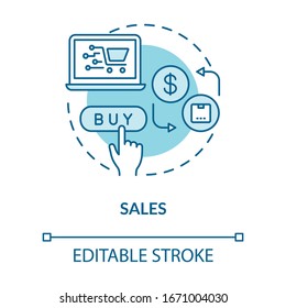 Sales concept icon. Internet shopping, modern retail business, e commerce idea thin line illustration. Purchasing goods online. Vector isolated outline RGB color drawing. Editable stroke