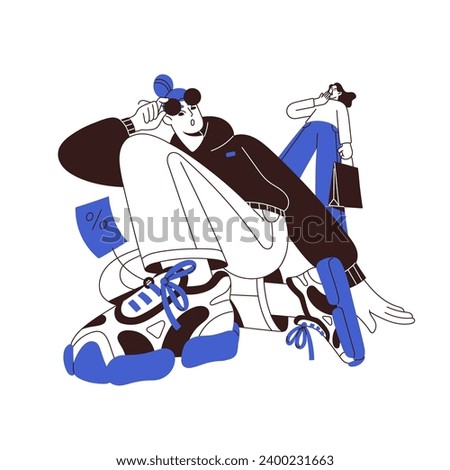 Sales concept. Shopaholic shopping in retail store. Customer purchase sneakers on discount. Consumer, woman buy shoe with percent sign on label. Contour flat isolated vector illustration on white