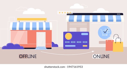 Concepto de ventas para una tienda fuera de línea y en línea que muestra una tienda cerrada cerrada cerrada y una tienda abierta con tarjeta de crédito y compras, exitoso comercio electrónico accesible. Ilustración vectorial coloreada