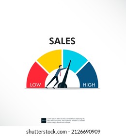 sales conceptual meter indicate. Businessman pushing a needle to high pointing svg