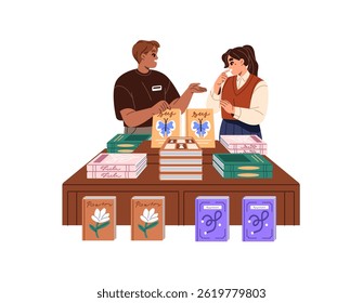 Sales consultant assists buyer with choice of paper book in bookstore. Seller helps customer with choosing of textbook, literature on bookshelves in shop. Flat isolated vector illustration on white