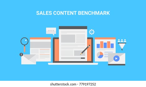 Sales Content, Content Benchmark, Digital Marketing Audit, Sales Report Flat Vector Banner With Icons