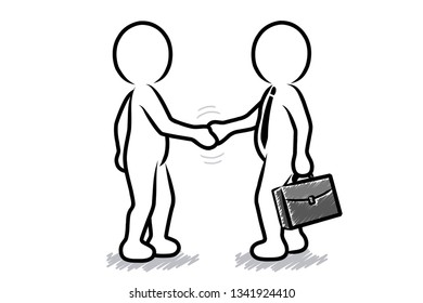 Sales conversation with two black and white figures shaking hands / Contour vector drawing