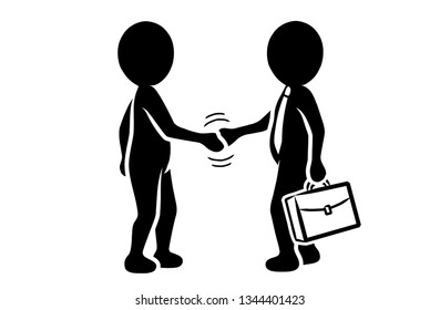 Sales conversation with two black and white figures shaking hands / Flat Design / Vector / Icon