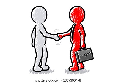 Sales conversation with two red figures shaking hands / Hatched vector drawing