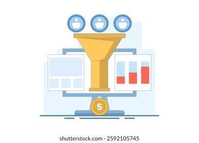 Sales Conversion Concept, Lead capture, Sales funnel on website, Conversion optimization, digital sales, Marketing funnel using landing pages for advertising. Online sales growth.