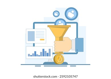 Sales Conversion Concept, Lead capture, Sales funnel on website, Conversion optimization, digital sales, Marketing funnel using landing pages for advertising. Online sales growth.